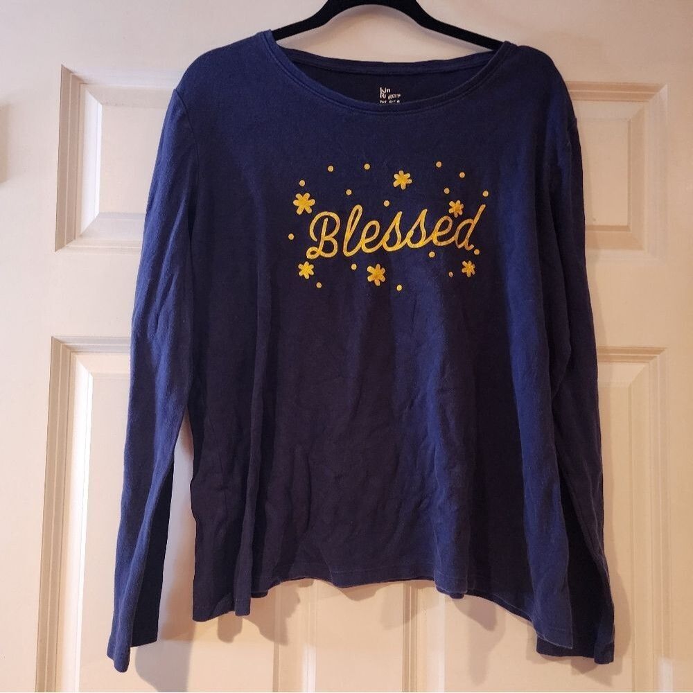 Kim Rogers blue and gold graphic long sleeve top